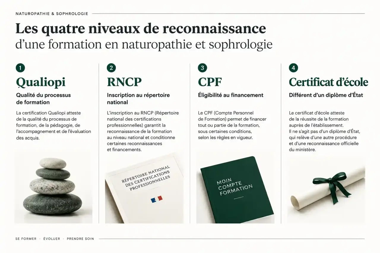 Infographie des niveaux de reconnaissance d'une école de naturopathie et sophrologie : Qualiopi, RNCP, CPF et certificat d'école