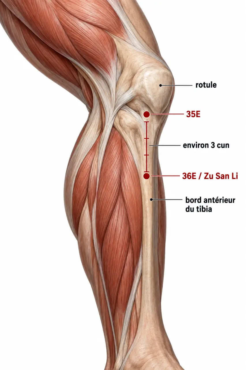 Schéma de localisation du point 36 estomac 36E ou Zu San Li sous la rotule, près du tibia