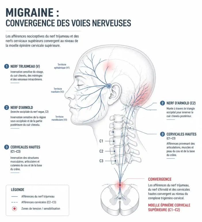 Schéma du nerf d'Arnold et du nerf trijumeau expliquant le lien entre migraine et ostéopathe