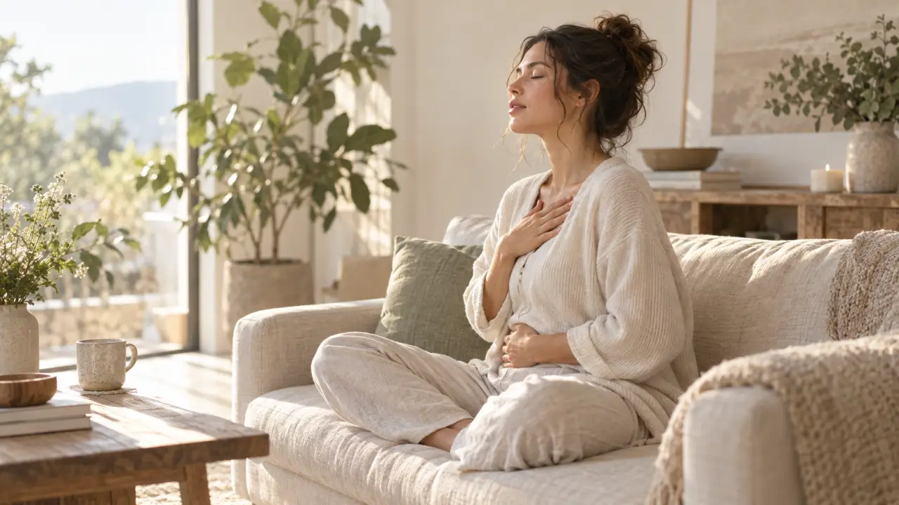 Femme assise dans une lumière douce, les mains posées sur son ventre, en écoute de sa respiration