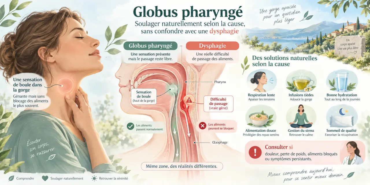Globus pharyngé : soulager naturellement selon la cause, sans confondre avec une dysphagie