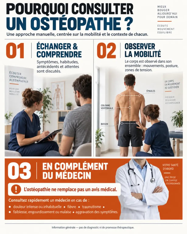 Infographie expliquant pourquoi consulter un ostéopathe et quand demander d'abord un avis médical