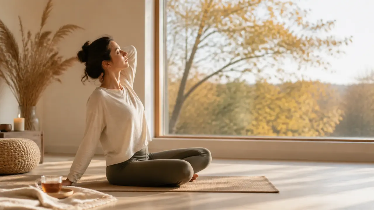 Femme pratiquant des étirements doux dans une lumière dorée, atmosphère paisible et chaleureuse