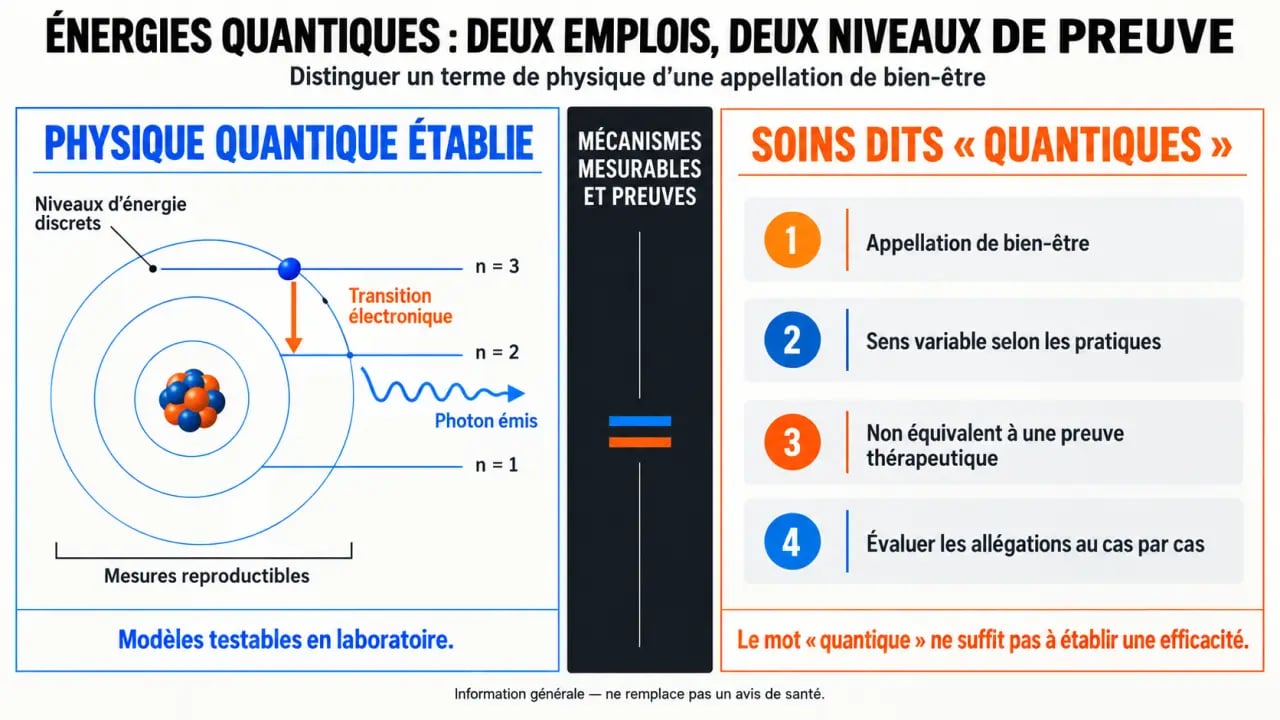 Infographie sur les énergies quantiques distinguant photons, niveaux d’énergie et soins dits quantiques