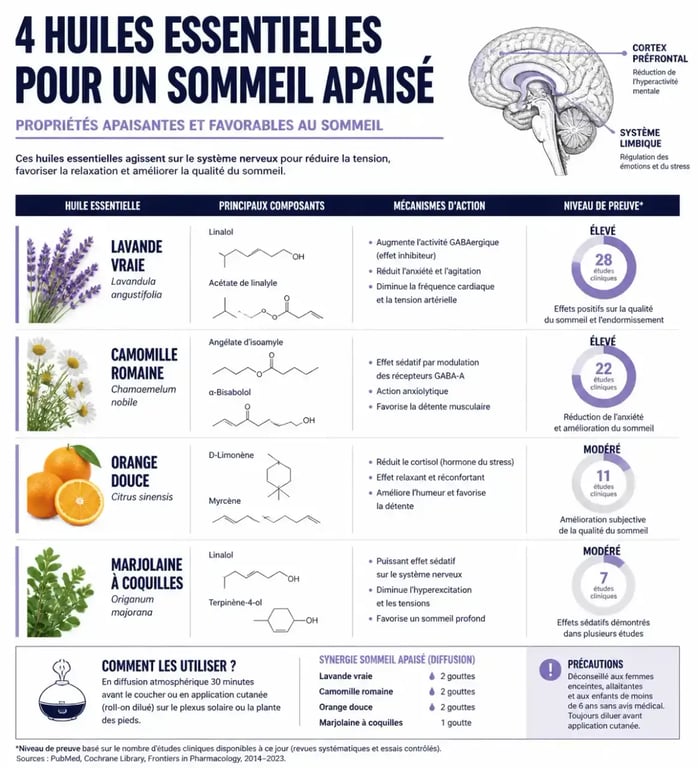 Infographie des huiles essentielles pour le sommeil et leurs bienfaits