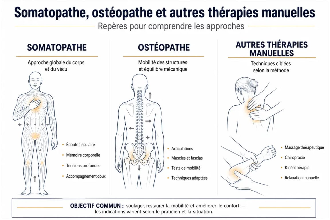 Somatopathe comparé à l’ostéopathe dans un visuel éditorial