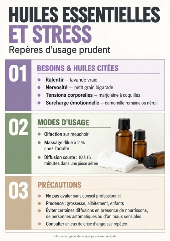 Infographie sur les huiles essentielles anti stress, leurs usages et précautions